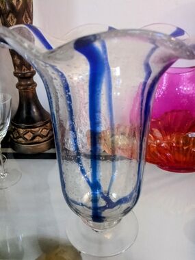 Handblown Clear Glass Vase with Blue Ribbon Accents - Unbranded